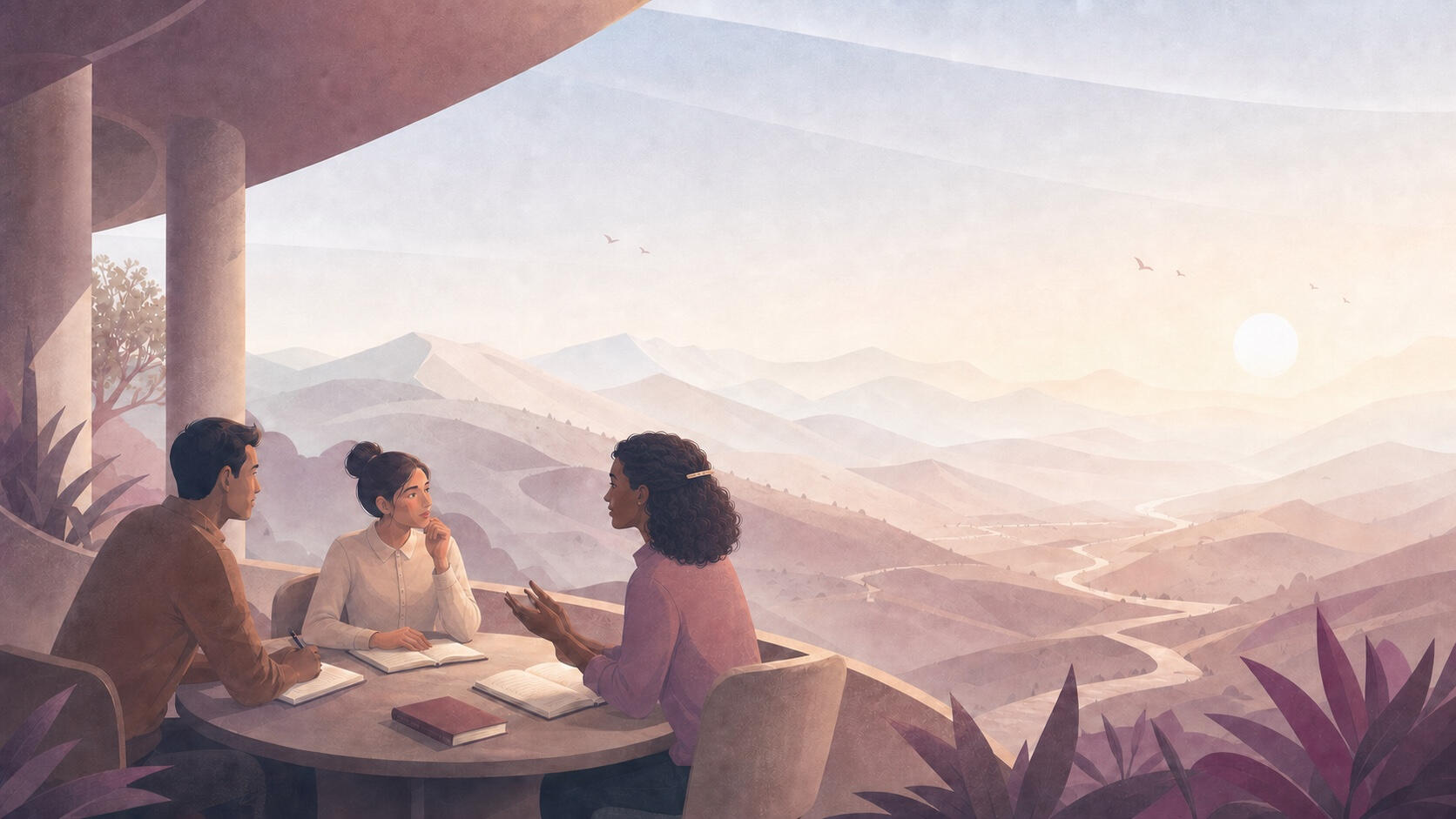 Three adults engaged in guided Vedanta study in a light-filled garden setting